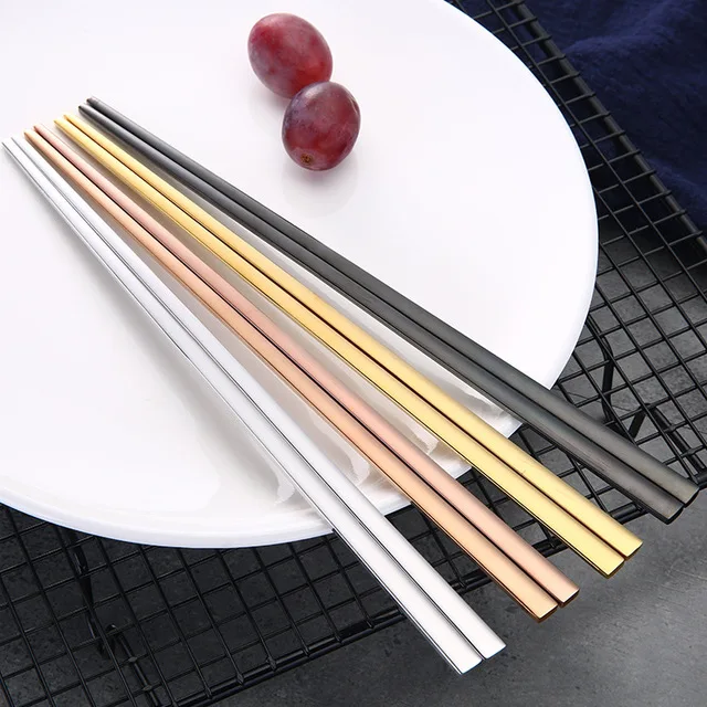 

OEM Bulk Custom Luxury Rainbow Rose Gold Metal 304 Stainless Steel Reusable Chinese brand Square Chopsticks, Black;siliver gold;rosegold