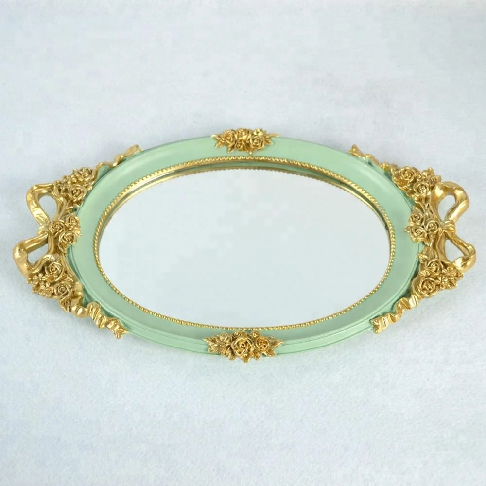 

new design vintage resin round mirror tray, Mint green, gold