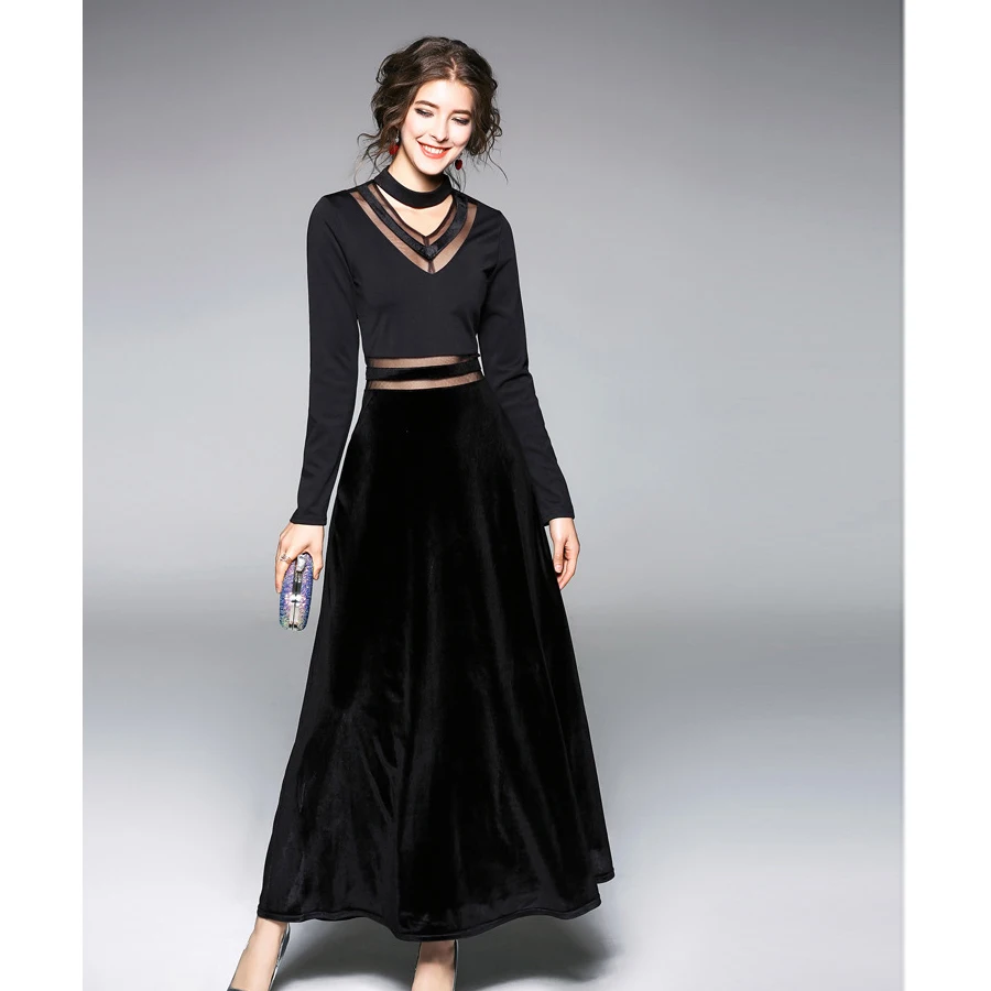 

2018 women sexy long black velvet dress