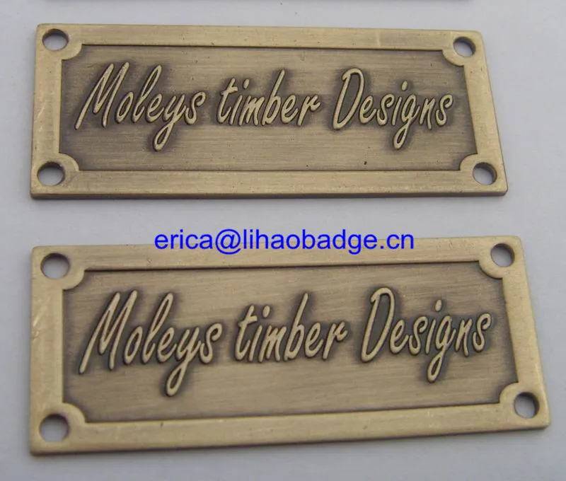 Custom antique brass embossed logo metal nameplate for furniture label