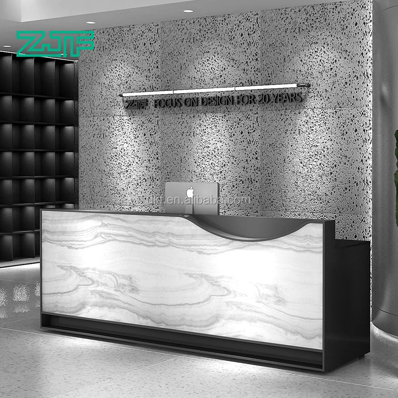 White Marble Veneer Reception Counter Table Fancy Exhibition Long