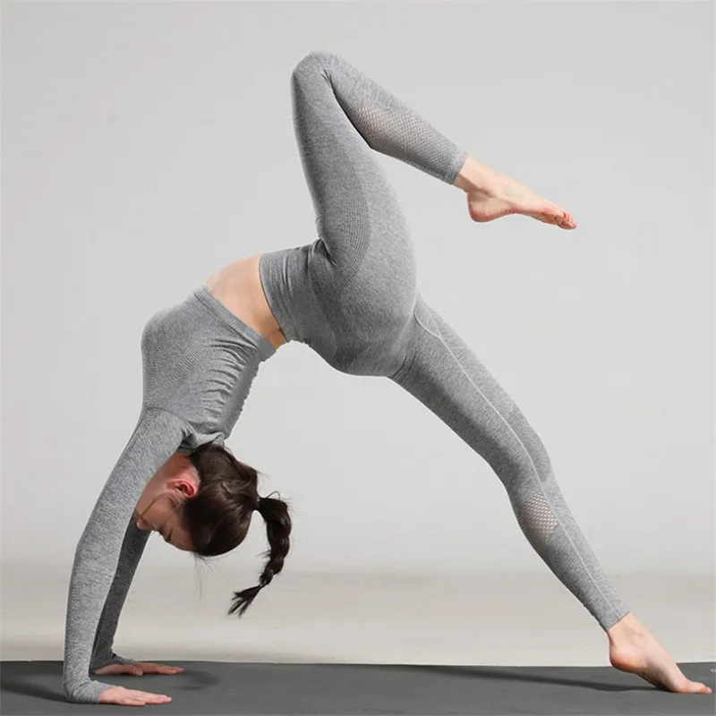 

Wholesale Yoga Clothing Women' Suit Hollow Long Sleeve High Waist Leggings Sports Crop Top Fitness Sets, Grey;light grey;red;blue