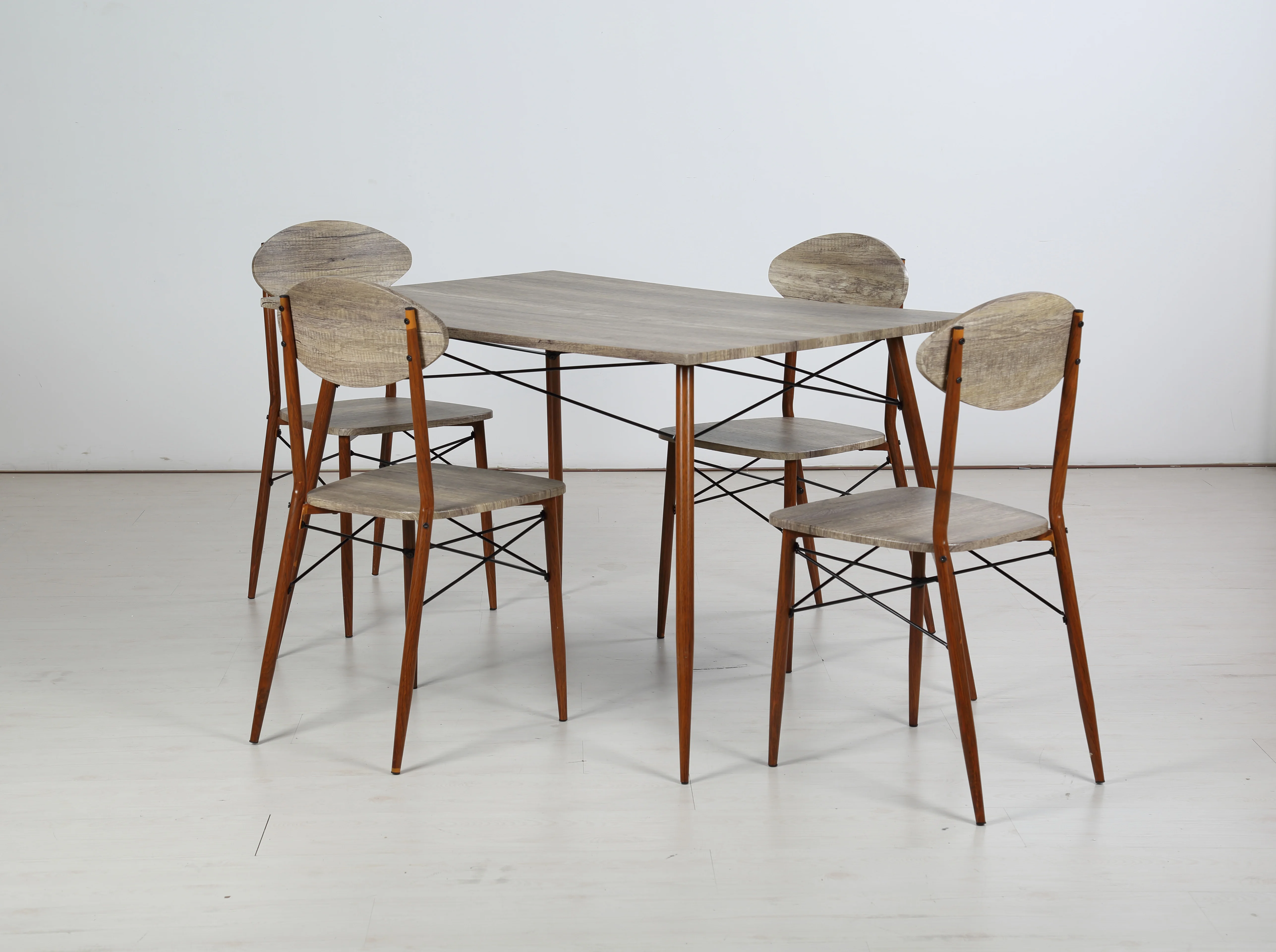 Rustic farmhouse  dinner room table and 4 seater furniture wood top meta legs rectangle dining table set for home restaurant 