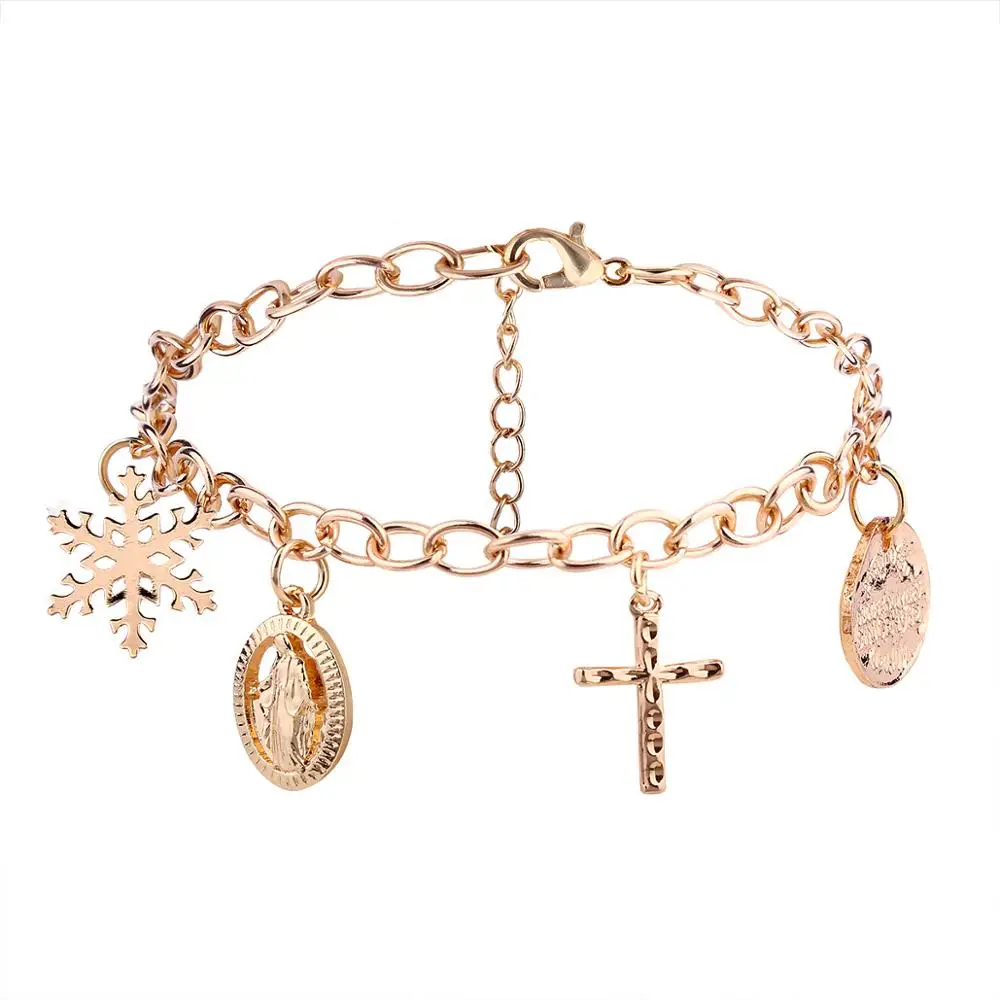 

Wholesale Religious Jewelry Gold Link Chain Snowflake Charm Bracelet Jesus Cross Virgin Mary Bracelet for women men