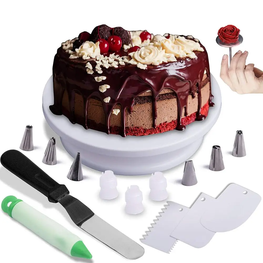 

Cake Turntable Decorating Rotating Spinning Stand Plate. Perfect New Set. All You Need For Your Amazing Icing Cake 16 pcs, White