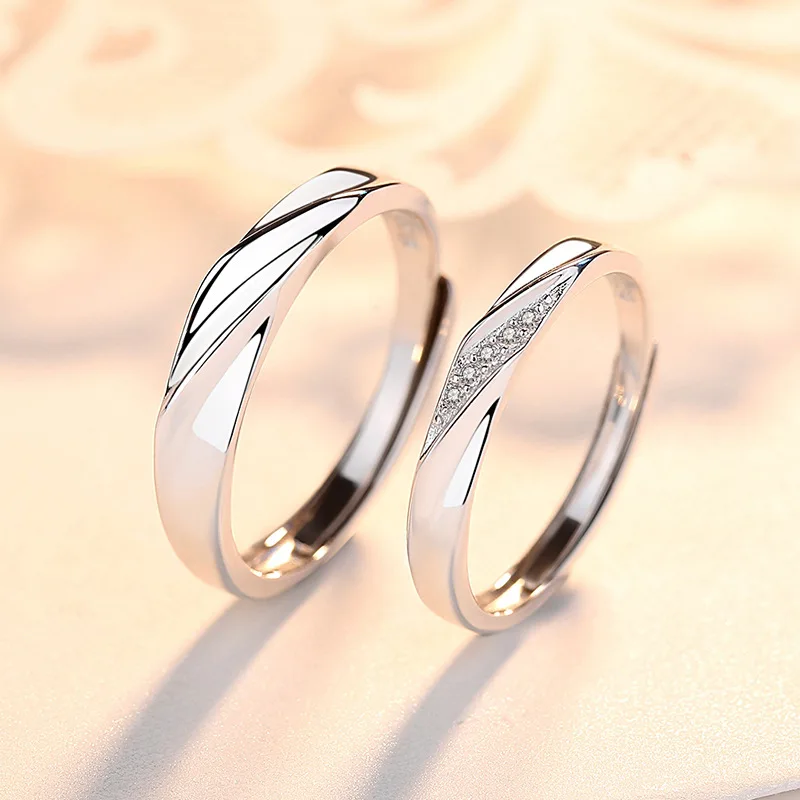 

Hot Sales Sterling silver S925 Adjustable Twine Couple Zircon Ring, White gold