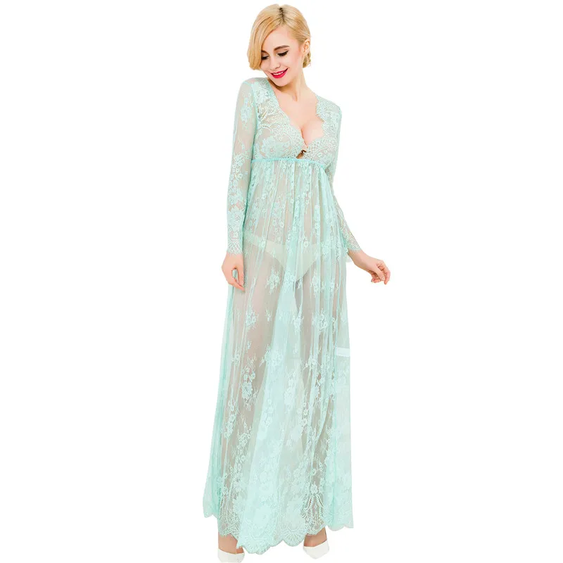 

Ankle length see through women wedding lace floral robe, Mint floral robe