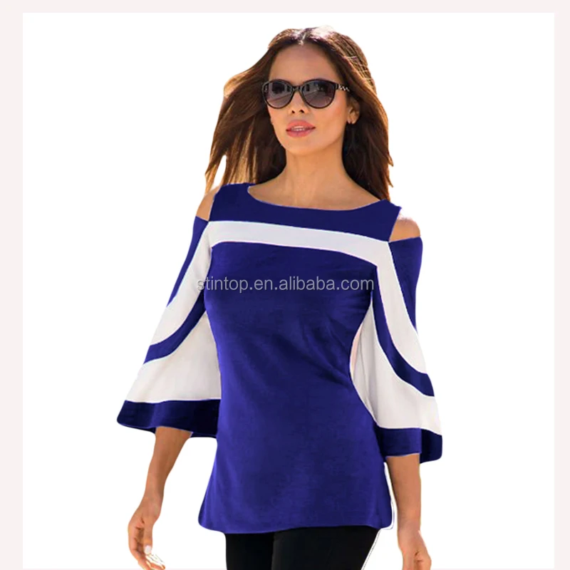 

Spring and autumn New women hit color round neck t- shirt strapless shoulder sleeve Slim large size women's blouse, Blue red black