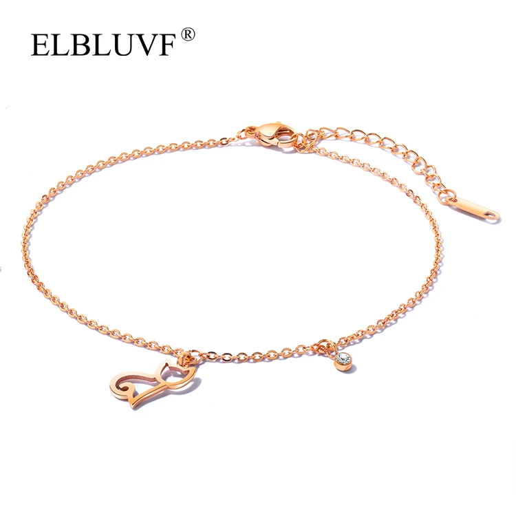 

ELBLUVF Free Shipping Stainless Steel Jewelry Rose Gold Plated Circular Zircon Cat Shape Pendant Anklet