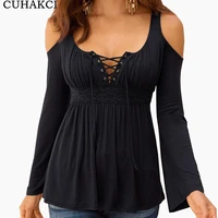 

CUHAKCI 2018 Women Bandage Plus Size Off Shoulder Blouse Sexy Blouse Slim Long Sleeve Female Tops