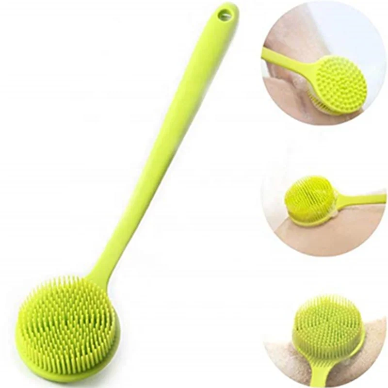 

Wholesale good quality silicone bath shower back body scrubber brush with Long Handle, Pink, green,blue,any pantone color is available