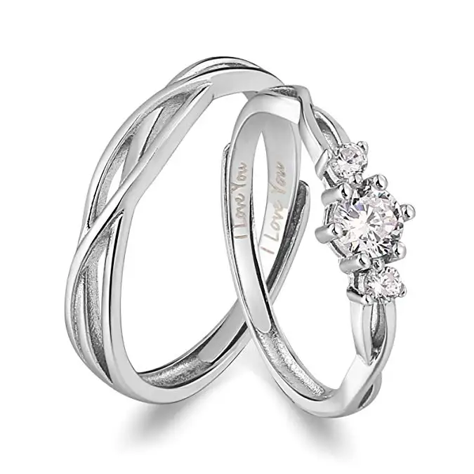 

I Love You His & Hers Matching Wedding Rings Adjustable CZ S925 Sterling Silver Rings for Couple