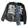 Loose Graffiti Denim Jacket Streetwear Casual Letter Printed Holes Jean Jackets male coat Oversize bomber jacket men