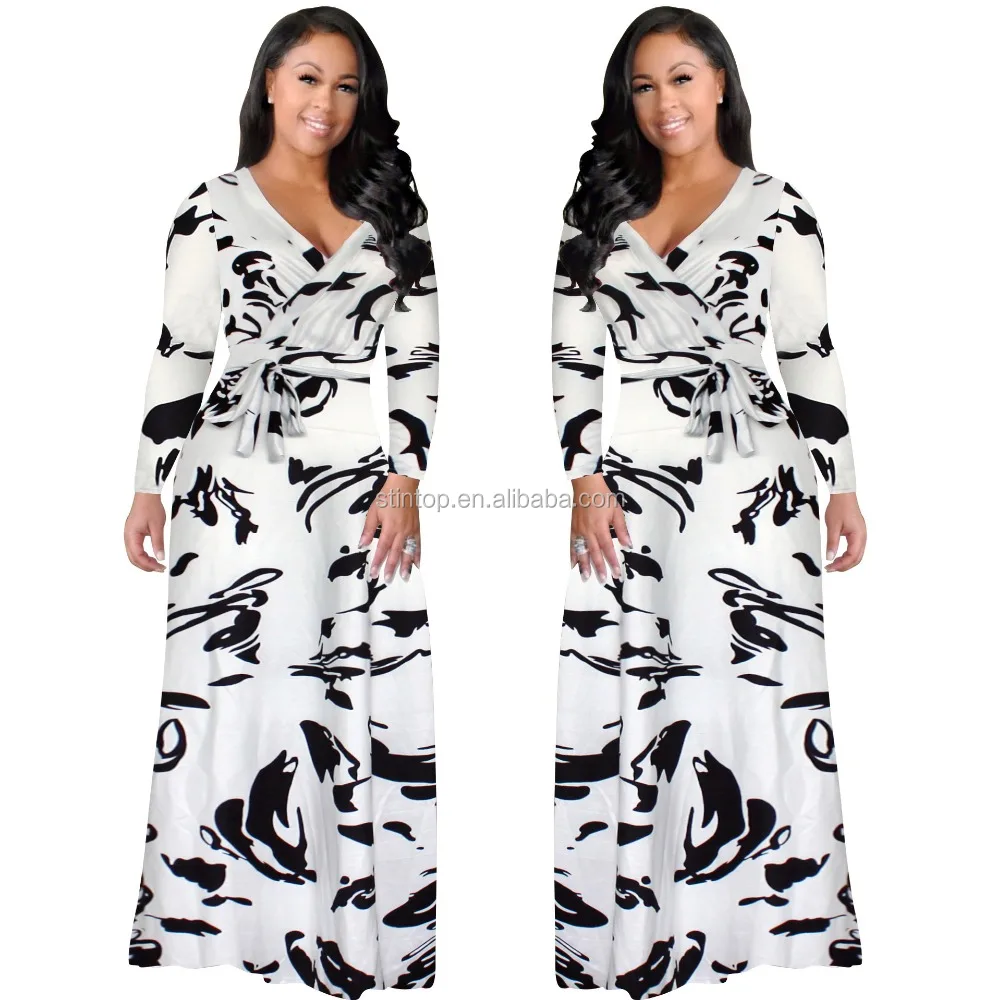 

91038 New Arrival Women Maxi Dresses V-Neck Long Sleeve Womens plus size Fashion black and white Long Casual wear Dress