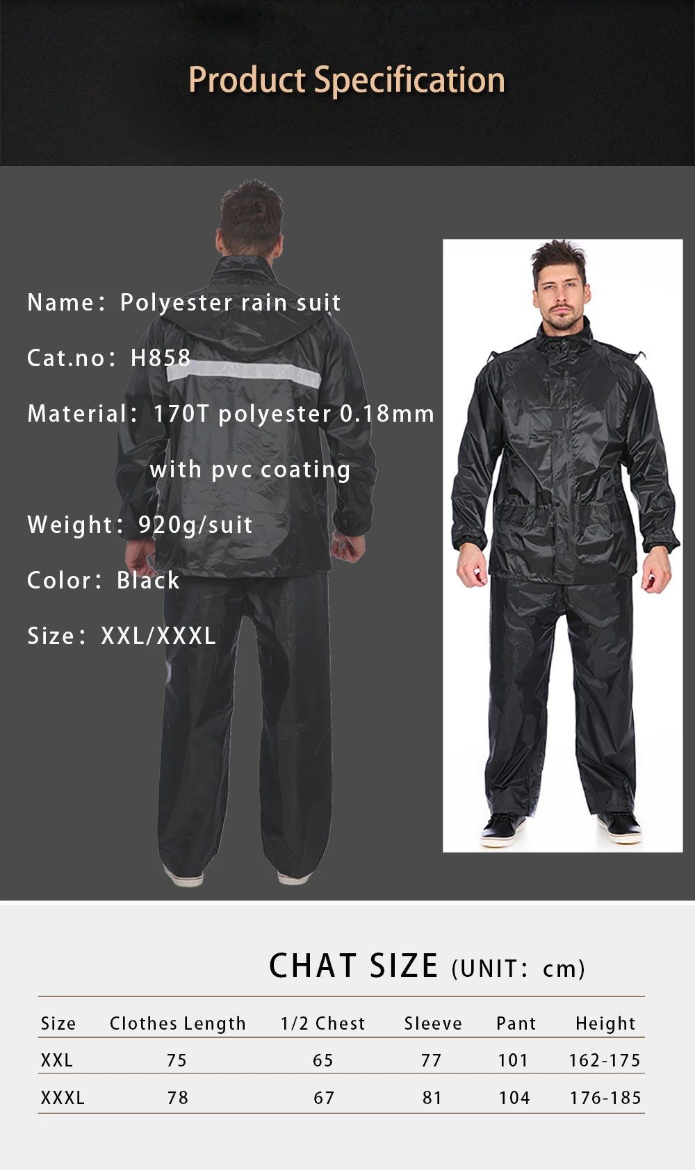 High Quality Raincoat Black Color 170t Polyester Mens Reflective Double Layer Rainsuit With Mesh Lining