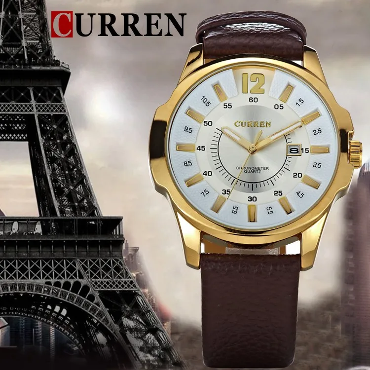 

curren8123 men watch top luxury genuine leather strap business wristwatch date waterproof clock men military quartz analog watch