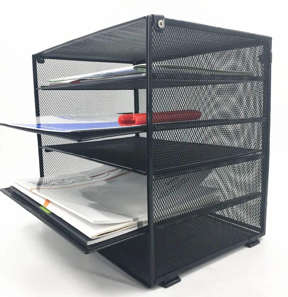 Organisateur De Dossiers De Bureau En Maille Métallique Noir - 4 Bacs à Courrier Pour Un Espace De Travail Ordonné