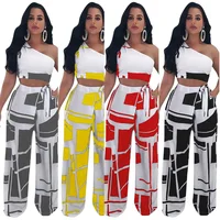 

Hot selling WA6002 printed one shoulder crop top and wide leg pants two pieces women clothing