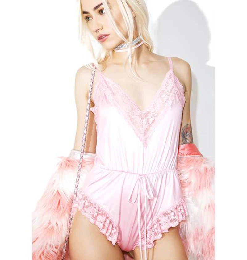

Pink Satin Lace Teddy Women Sexy V Neck Pyjama With Elasticated Waist Bodysuit Sleepwear
