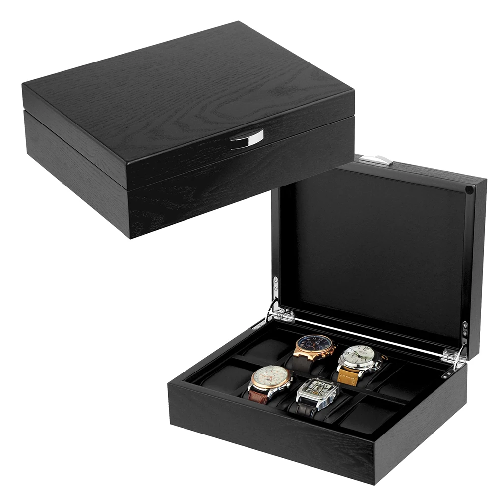 

Sonny Mens Watch Box Wooden Grain Black Cherry with Leather Pillow & Lining for 8 Watches Storage & Collection