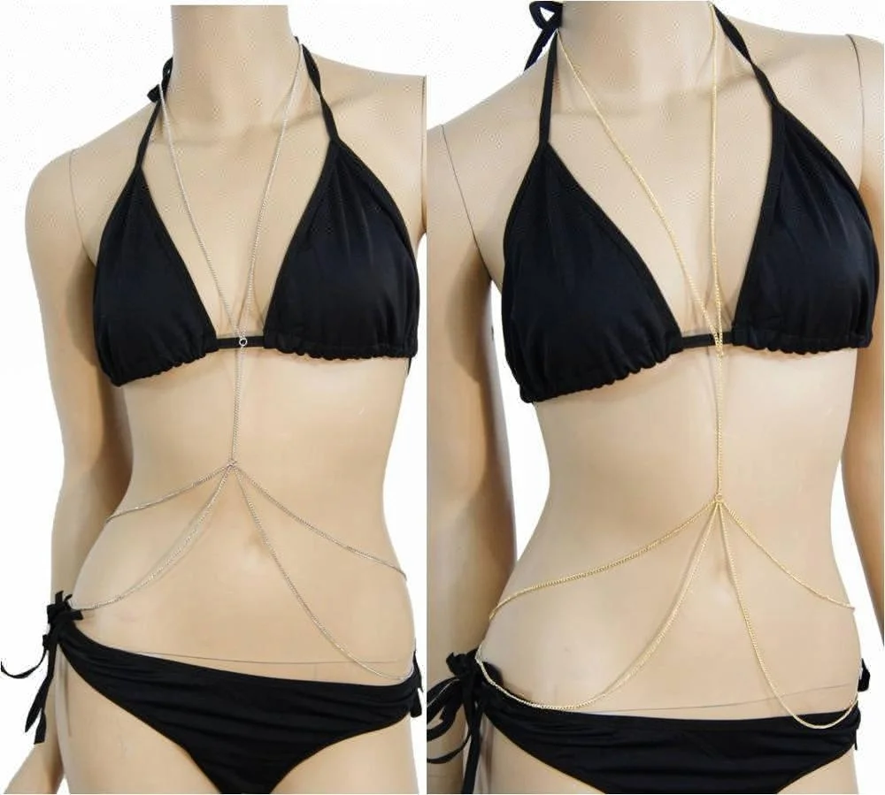 

Long Bikini Beach Necklace Waist Belt Dangle Body Jewelry Chain, Gold, silver