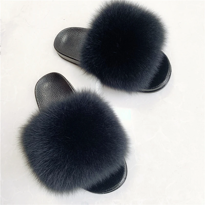 

Home Plush Custom PVC Fox Fur Sandals Woman Women Indoor Outdoor Real Fluffy Luxury Black Fur Slides