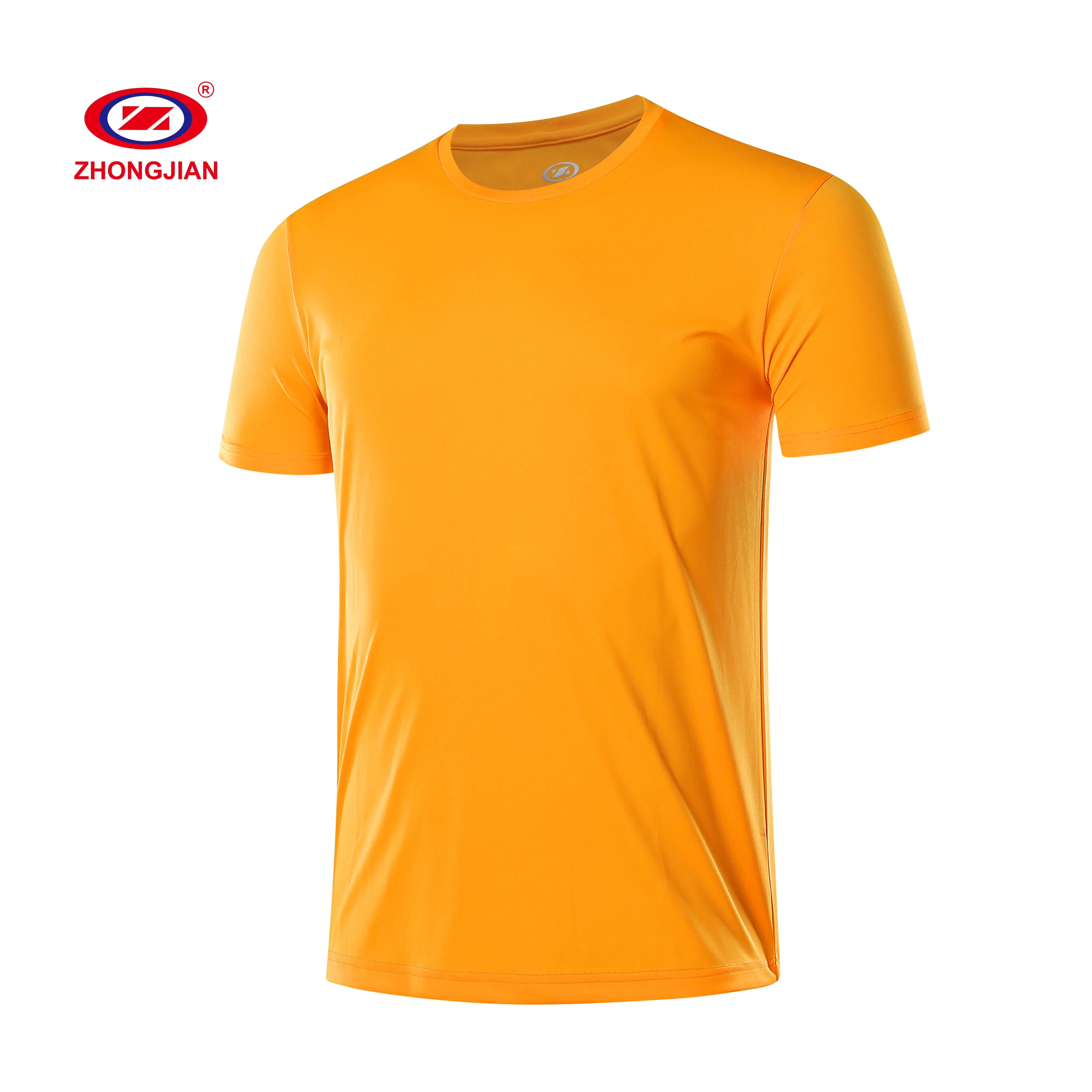 

100% Polyester Orange Short Sleeve Shirt Solid Round Neck Men Women T-shirt With OEM LOGO, White,yellow,red,pink,black,orange,green,rose red,gray,blue,sky blue