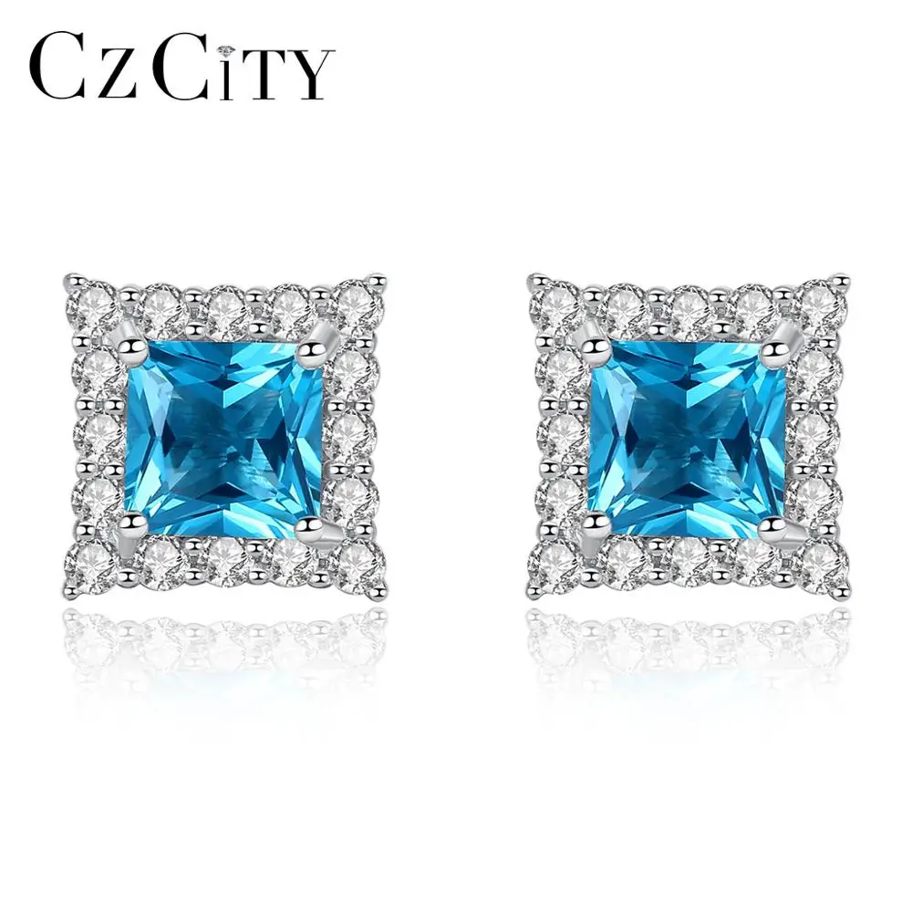 

CZCITY New Luxury S925 Sterling Silver Earrings Women's Square Sapphire Earrings Christmas Gift