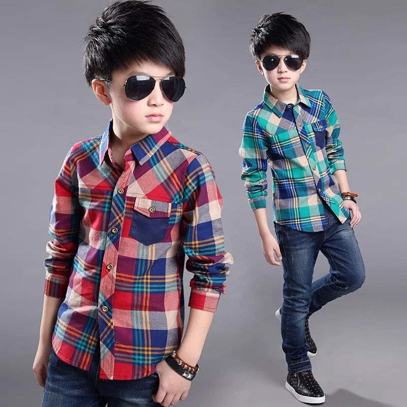 

Newest Fashion long sleeve Button Up Plaid Shirts for boy, Green/red