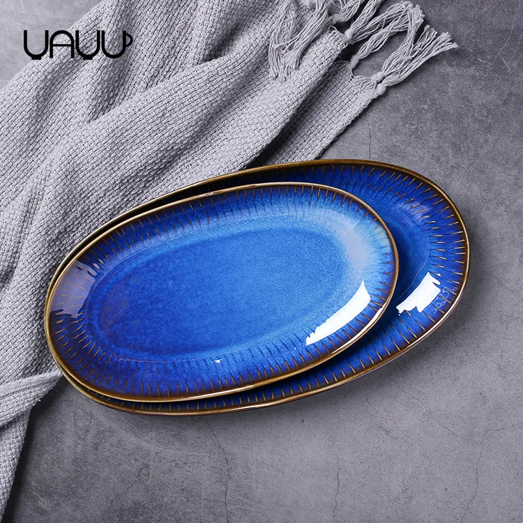 Bule Oblong Heated Dinner Bisque Plates / Chinese Porcelain Plate Buy