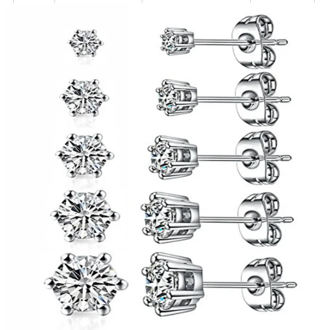 

925 Sterling Silver CZ Round earring Set 3mm 4mm 5mm 6mm 7mm 8mm, Silver+blue+purple+pink+black