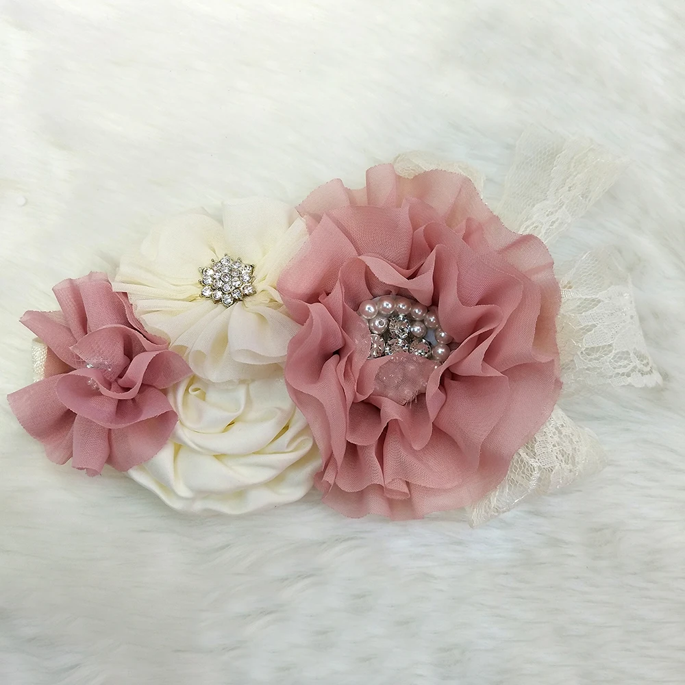 

Chiffon Flower Cluster Baby Headband Shabby Floral Embellished Headbands With Rhinestones And Pearls