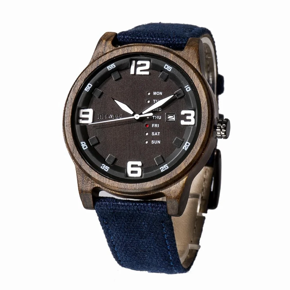 

China watch company new design cheap men canvas strap wood watch with day on dial visible wooden wristwatches