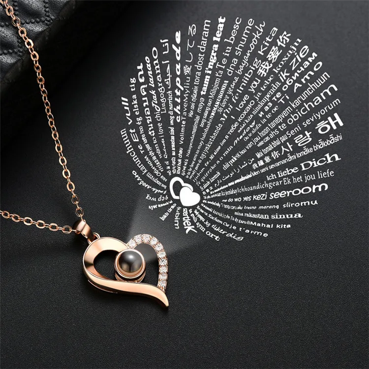 CLARMER Fashion New Design Valentines Day Women Heart Pendant Necklace I Love You in 100 Languages Projection Necklace for Girls