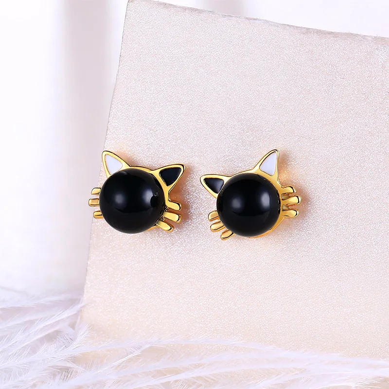 Fashion Black Onyx Stud Earrings Minimal Jewelry 925 Silver Cat Head ...