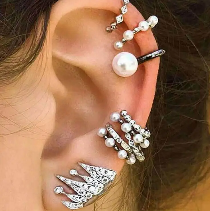 9PCS/Set Boho Design Crown Ear Cuff Simulated Pearl Crystal Rhinestone Ear Clip Earrings Set