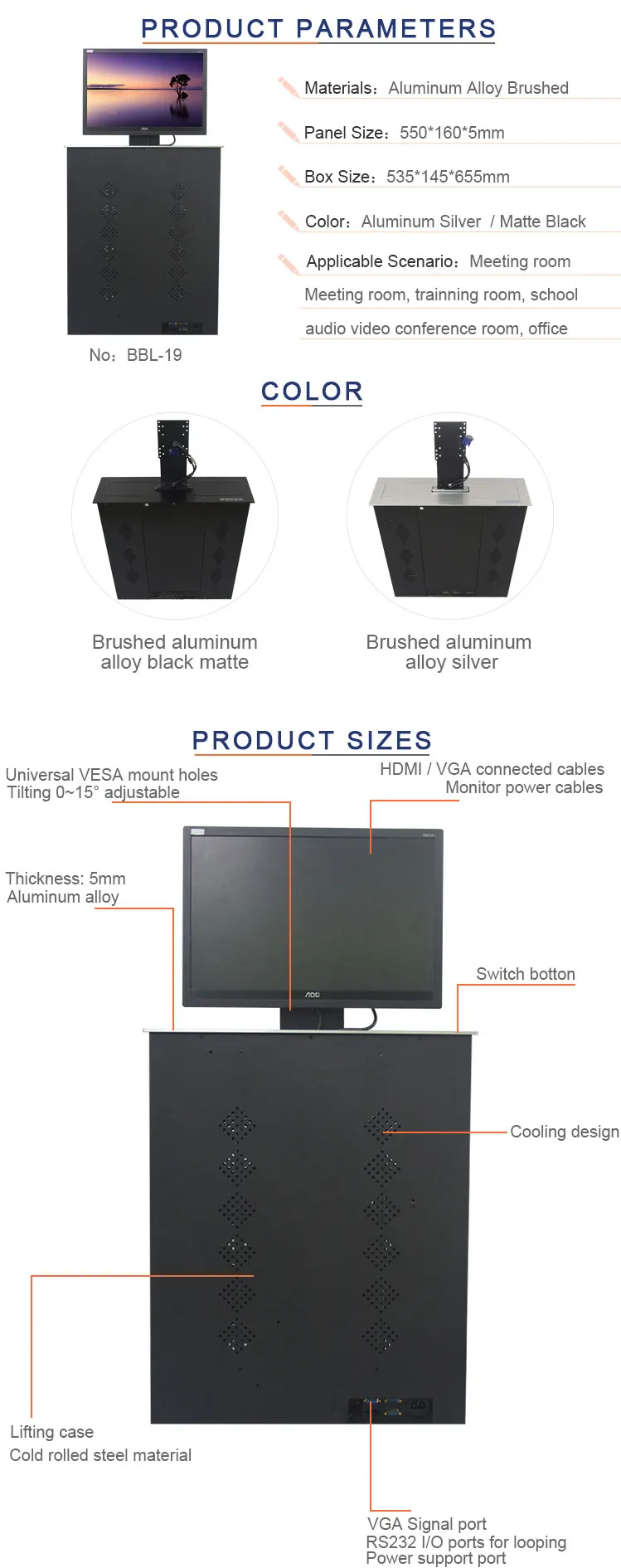 19 inch touch screen desk monitor lift intercom system with microphone for meeting table