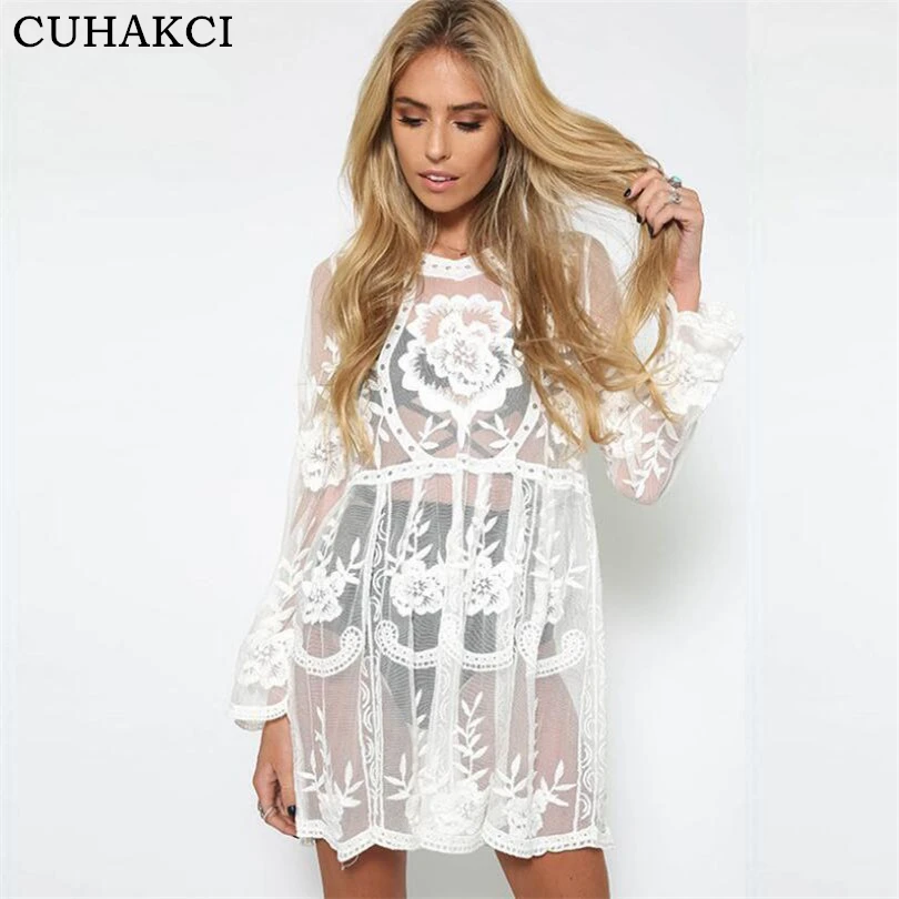 

CUHAKCI 2018 Boho Style Women' Cover Up White Lace Hollow Crochet Beach Dress See-through Beach Mini Dress, Black;white