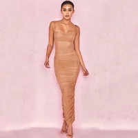 

Spaghetti Strap Bandage Dress for Women Pleated Split Slim Sexy Mesh Night club Dresses A421