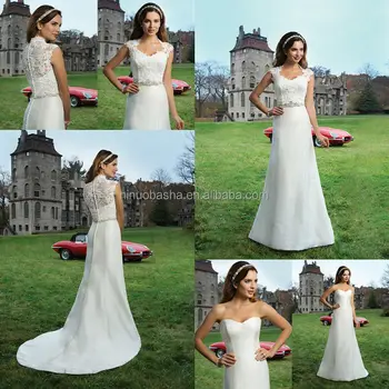 Fashion 2014 Satin Empire Wedding Dress With High Neck Cap Sleeve