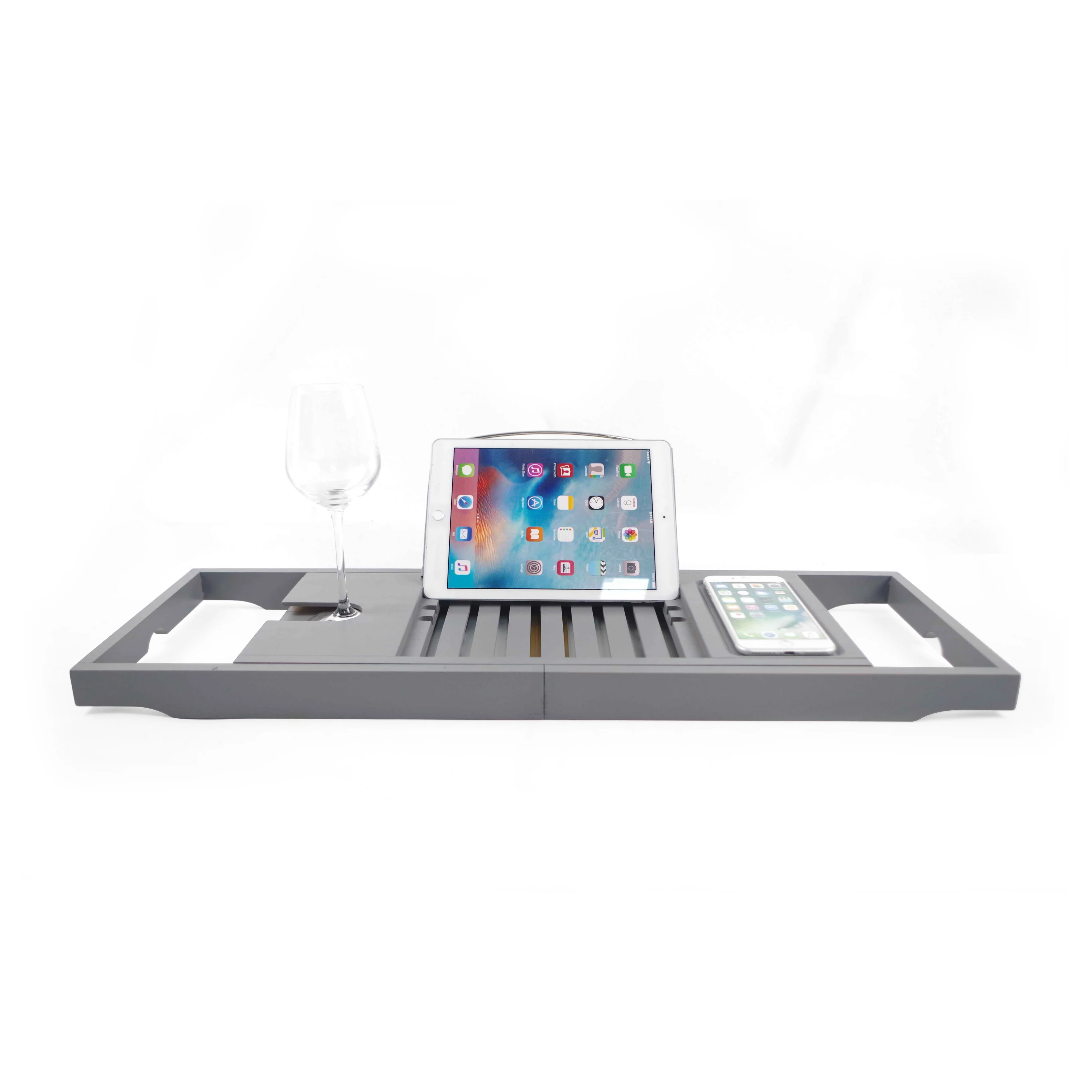 

Grey Color Bamboo Bathtub Caddy Tray with Tablet Adjustable Caddy Tray Bathroom Sustainable with Extending Side Customized BSCI