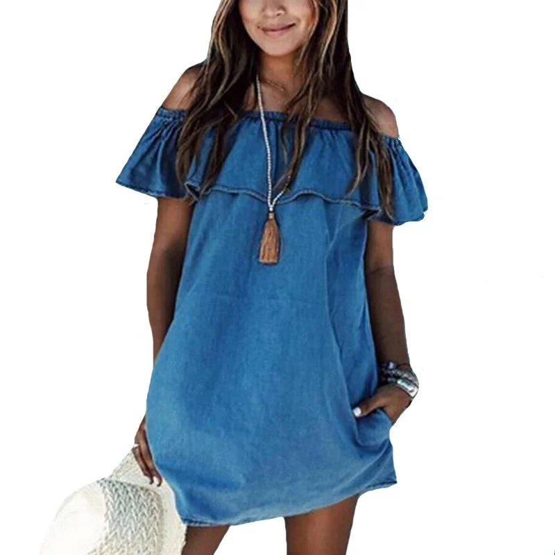 

CUHAKCI Ladies Elegant Sleeveless Denim Dresses Femme Casual Denim Dresses Women Loose Off Shoulder Jeans Dresses, Blue
