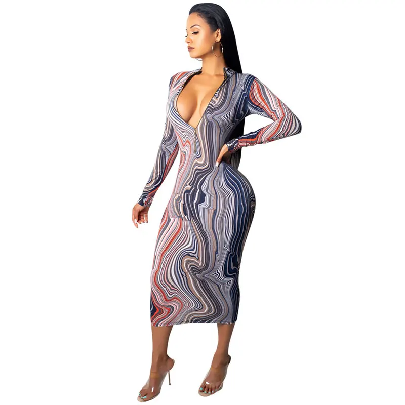 

Zipper Print Long Sleeve Dress