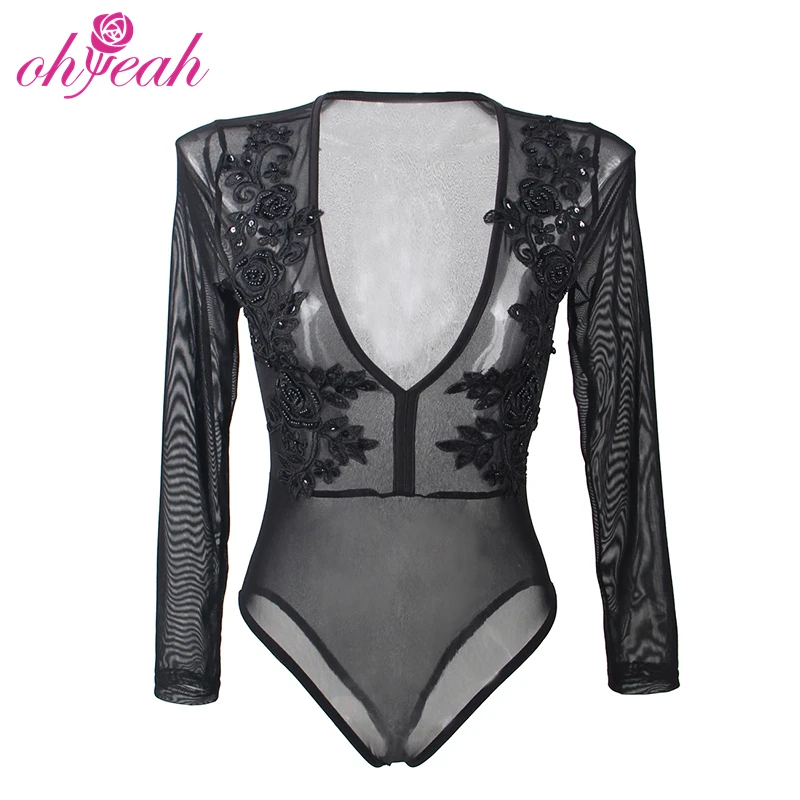 

Embroidered Long Sleeve Sexy custom bodysuit women, Black