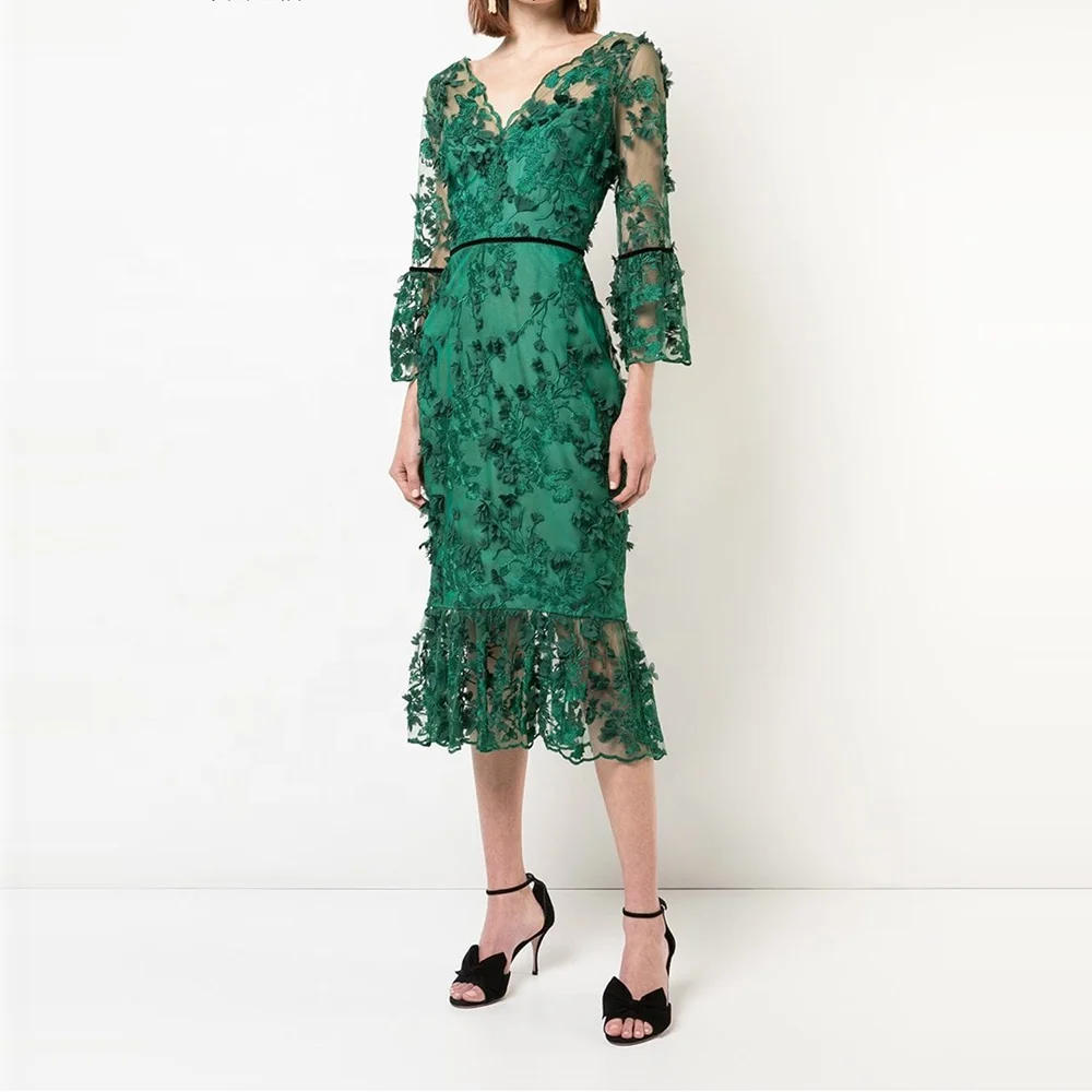 

Autumn new fashion green V neck ruffles bodycon dresses 3/4 sleeves embroidered lace midi dresses