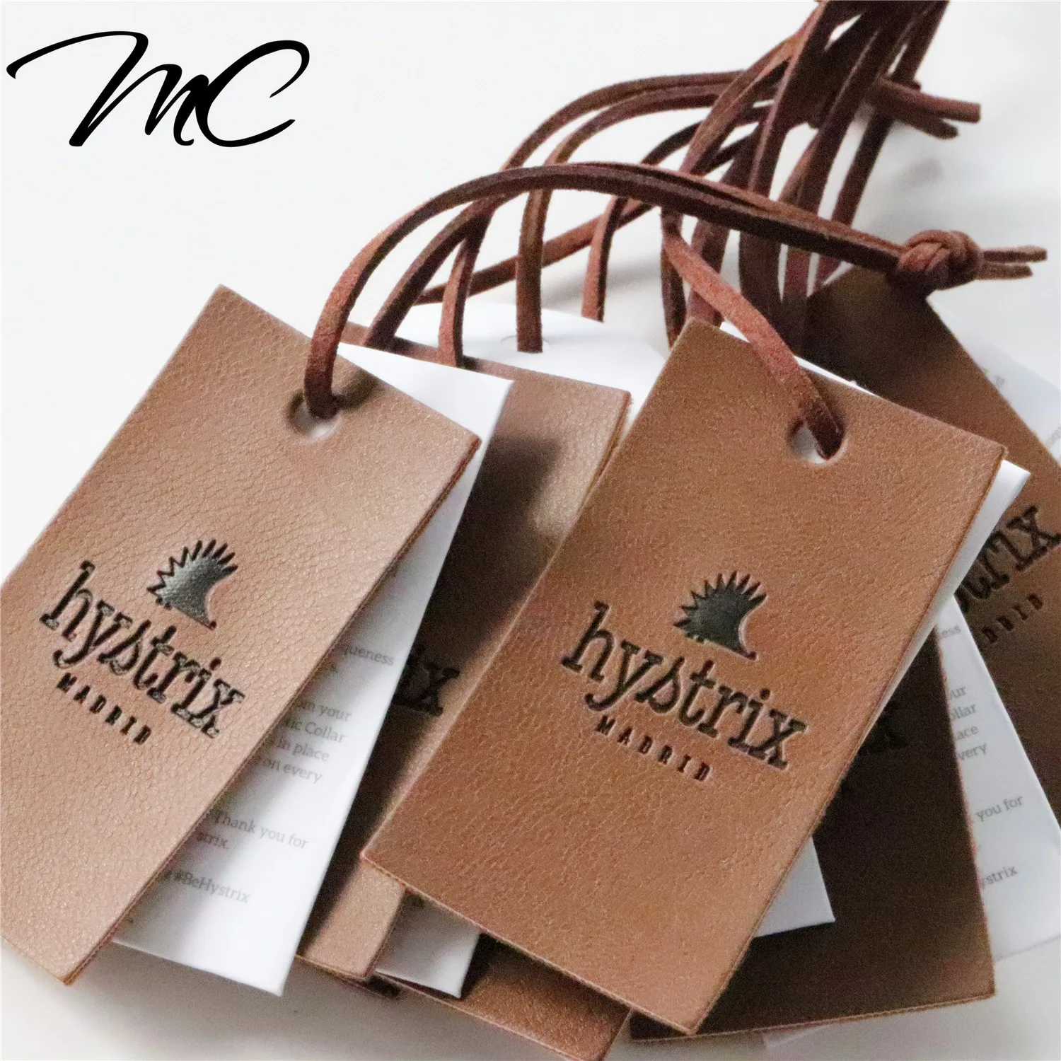 

New design custom leather and paper hang tag with suede leather string