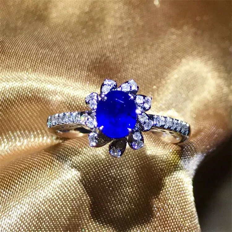 

18k gold South Africa real diamond Sri Lanka 1ct natural royal blue sapphire flower shape wedding ring for women