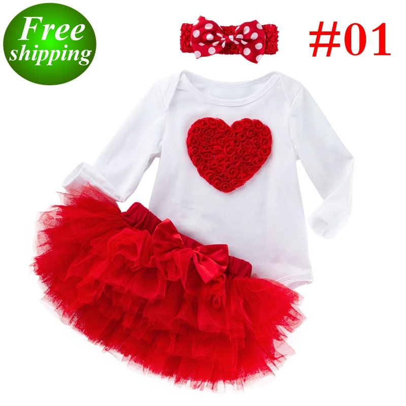 

3PCS SET Baby Outfit RED HEART ROMPER & 6LAYER TUTUS SKIRTS & BOW HEADBAND Valentines Day Kids Clothing Set, Plaid