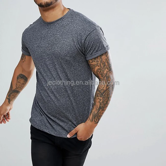 

100% Cotton Dark Grey Plain O-Neck Roll Cuff Short Sleeve Tshirt For Men Factory Wholesale