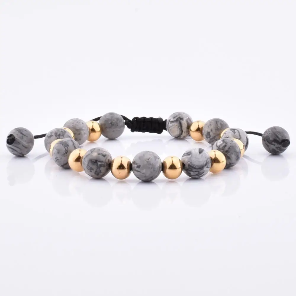 

Man Bauble Stone Grey Jasper Gemstone Adjustable European Bead Bracelet